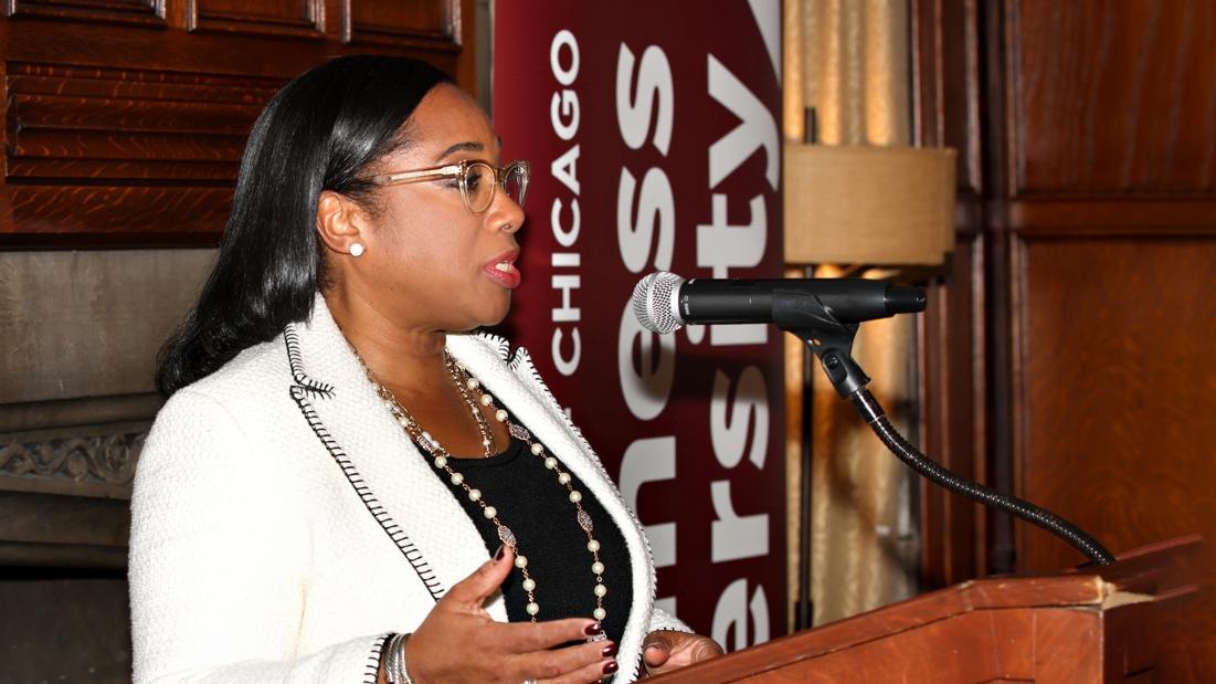 The 2023 UChicago Professional Services Symposium provided 30 minority- and woman-owned suppliers with opportunities to meet with leadership at UChicago, the Medical Center, and the Obama Foundation. Above: Nadia Quarles, UChicago Associate Vice President for Business Diversity, speaks at the symposium.